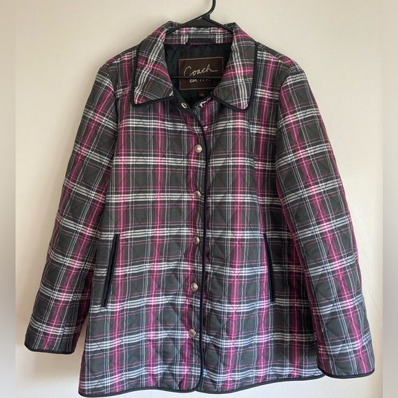 Coach Quilted Navy Blue & Purple Plaid Print Long Sleeve Snap Front Jacket Sz L - Picture 1 of 6